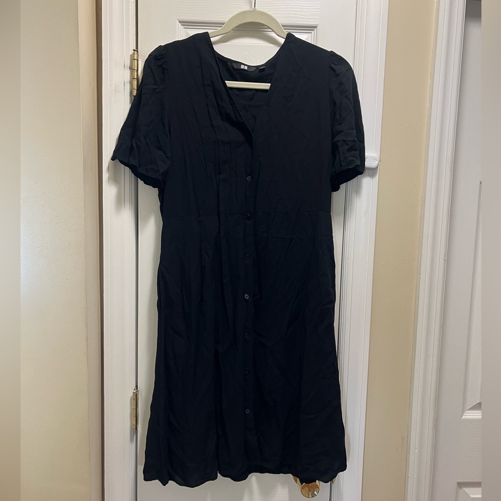Uniqlo Black Midi Button Front Dress M